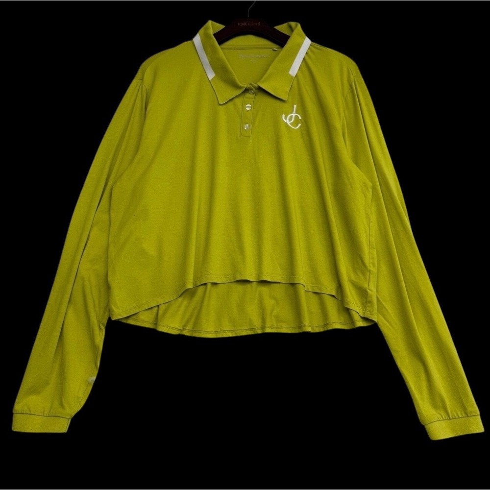 Juicy Couture Lime Green Cropped Long Sleeve Polo Shirt XL Logo Athletic Striped
